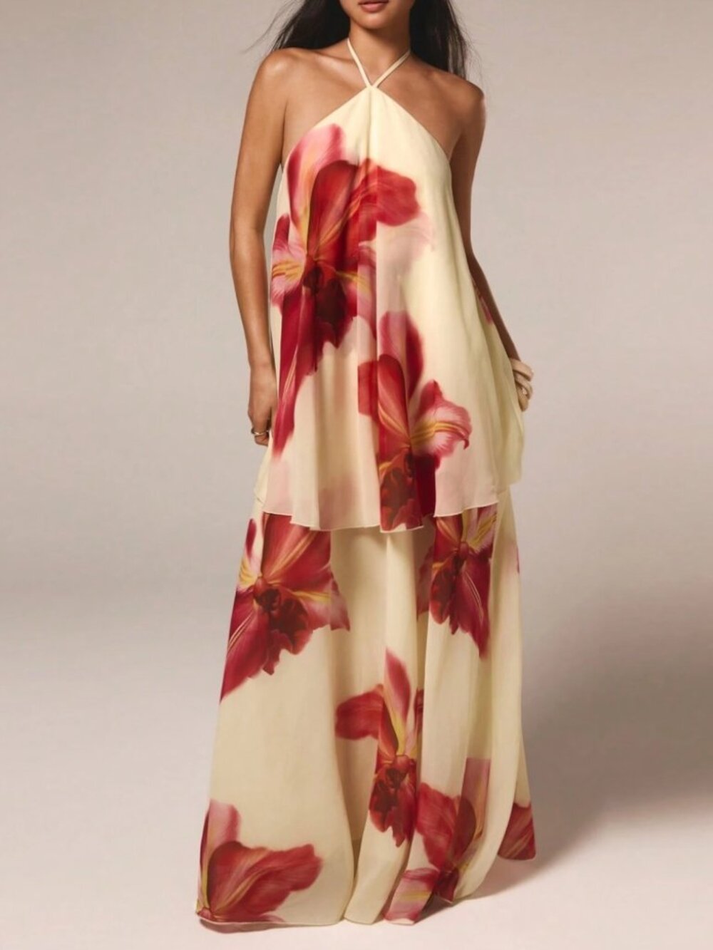 Cream Red Floral Halter Maxi Dress - Flowy Chiffon Style